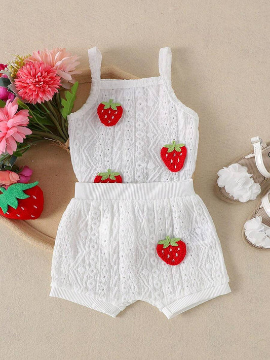2-delige set van schattige, comfortabele bodysuit met holle bandjes en shorts voor babymeisjes, lichtgewicht zomer