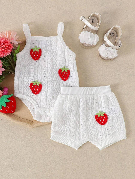 2-delige set van schattige, comfortabele bodysuit met holle bandjes en shorts voor babymeisjes, lichtgewicht zomer