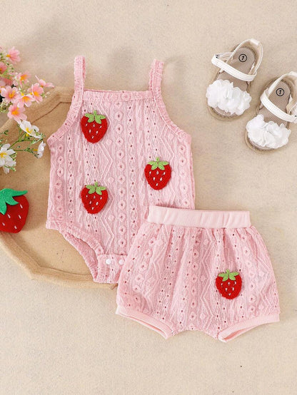 2-delige set van schattige, comfortabele bodysuit met holle bandjes en shorts voor babymeisjes, lichtgewicht zomer