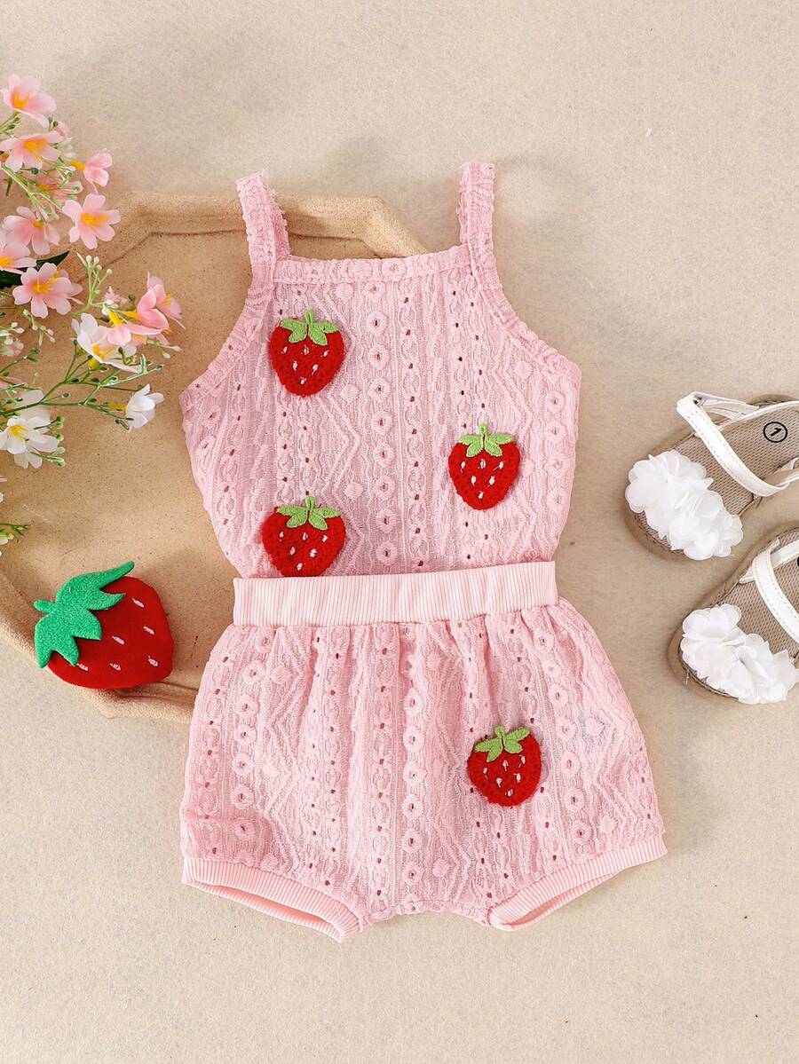 2-delige set van schattige, comfortabele bodysuit met holle bandjes en shorts voor babymeisjes, lichtgewicht zomer