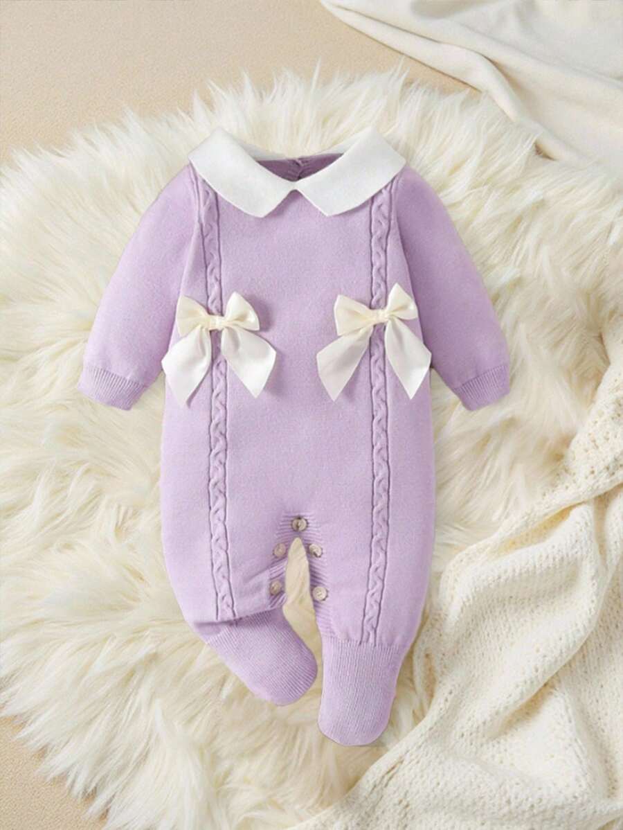 Souflis Souflis Babymeisjestrui, gebreide coltrui, lange mouwen jumpsuit met voetjes, comfortabel voor herfst/winter, handgemaakte strikdecoratie, elegant kabelontwerp, veelzijdig voor dagelijks gebruik, binnen, buiten, reizen, geel/lichtgeel