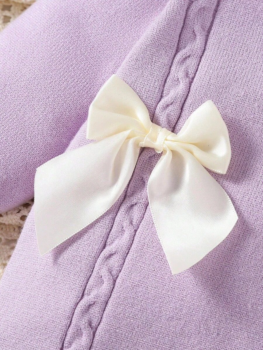 Souflis Souflis Babymeisjestrui, gebreide coltrui, lange mouwen jumpsuit met voetjes, comfortabel voor herfst/winter, handgemaakte strikdecoratie, elegant kabelontwerp, veelzijdig voor dagelijks gebruik, binnen, buiten, reizen, geel/lichtgeel