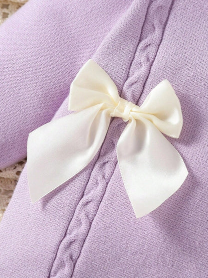 Souflis Souflis Babymeisjestrui, gebreide coltrui, lange mouwen jumpsuit met voetjes, comfortabel voor herfst/winter, handgemaakte strikdecoratie, elegant kabelontwerp, veelzijdig voor dagelijks gebruik, binnen, buiten, reizen, geel/lichtgeel