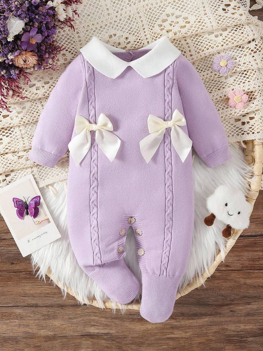 Souflis Souflis Babymeisjestrui, gebreide coltrui, lange mouwen jumpsuit met voetjes, comfortabel voor herfst/winter, handgemaakte strikdecoratie, elegant kabelontwerp, veelzijdig voor dagelijks gebruik, binnen, buiten, reizen, geel/lichtgeel