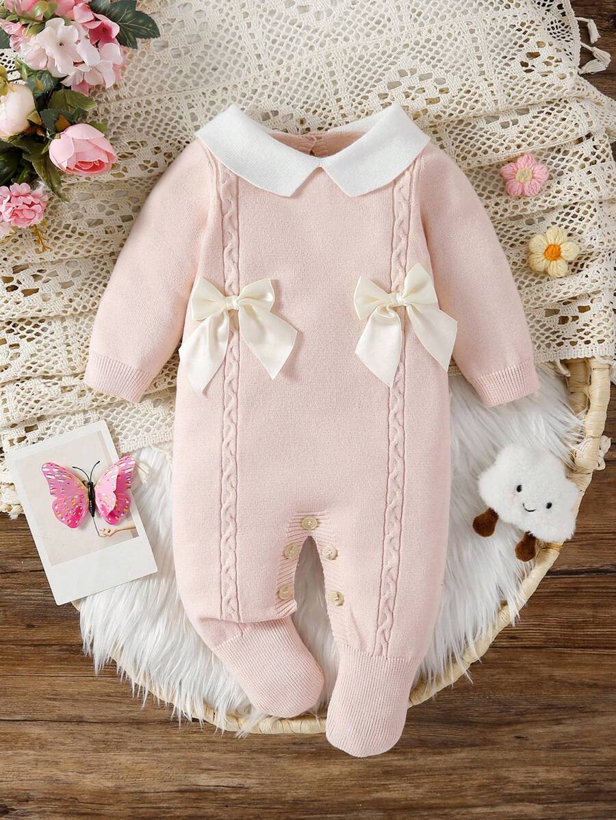 Souflis Souflis Babymeisjestrui, gebreide coltrui, lange mouwen jumpsuit met voetjes, comfortabel voor herfst/winter, handgemaakte strikdecoratie, elegant kabelontwerp, veelzijdig voor dagelijks gebruik, binnen, buiten, reizen, geel/lichtgeel