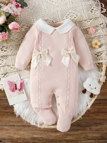 Souflis Souflis Babymeisjestrui, gebreide coltrui, lange mouwen jumpsuit met voetjes, comfortabel voor herfst/winter, handgemaakte strikdecoratie, elegant kabelontwerp, veelzijdig voor dagelijks gebruik, binnen, buiten, reizen, geel/lichtgeel
