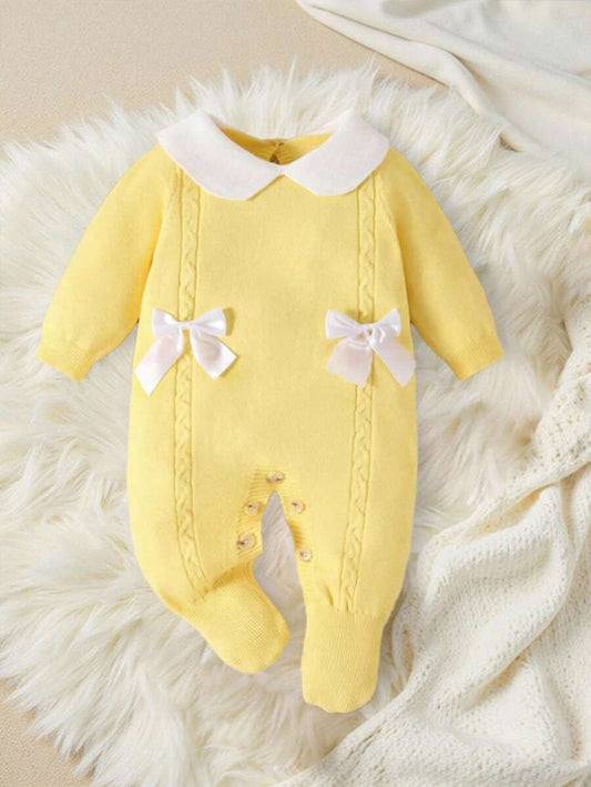 Souflis Souflis Babymeisjestrui, gebreide coltrui, lange mouwen jumpsuit met voetjes, comfortabel voor herfst/winter, handgemaakte strikdecoratie, elegant kabelontwerp, veelzijdig voor dagelijks gebruik, binnen, buiten, reizen, geel/lichtgeel