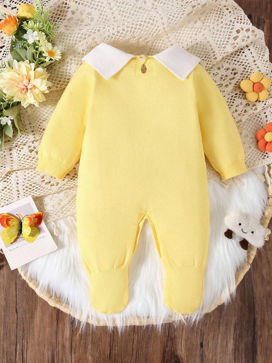 Souflis Souflis Babymeisjestrui, gebreide coltrui, lange mouwen jumpsuit met voetjes, comfortabel voor herfst/winter, handgemaakte strikdecoratie, elegant kabelontwerp, veelzijdig voor dagelijks gebruik, binnen, buiten, reizen, geel/lichtgeel