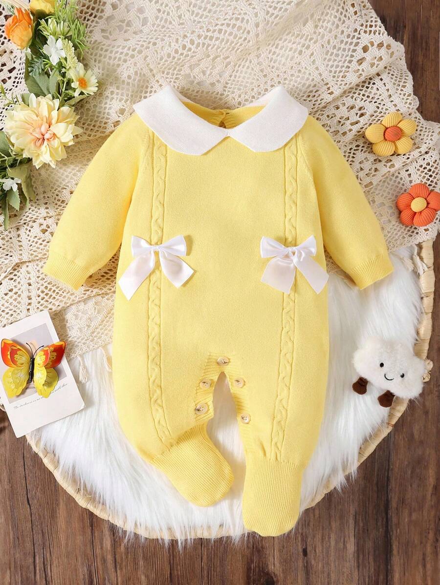 Souflis Souflis Babymeisjestrui, gebreide coltrui, lange mouwen jumpsuit met voetjes, comfortabel voor herfst/winter, handgemaakte strikdecoratie, elegant kabelontwerp, veelzijdig voor dagelijks gebruik, binnen, buiten, reizen, geel/lichtgeel