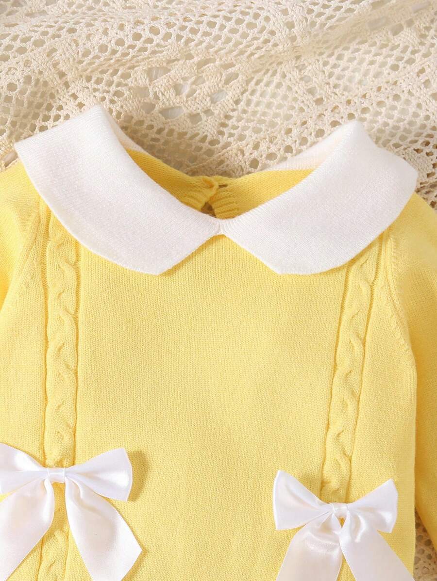 Souflis Souflis Babymeisjestrui, gebreide coltrui, lange mouwen jumpsuit met voetjes, comfortabel voor herfst/winter, handgemaakte strikdecoratie, elegant kabelontwerp, veelzijdig voor dagelijks gebruik, binnen, buiten, reizen, geel/lichtgeel