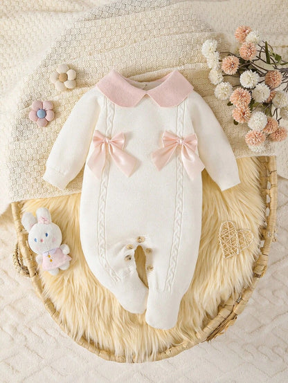 Souflis Souflis Babymeisjestrui, gebreide coltrui, lange mouwen jumpsuit met voetjes, comfortabel voor herfst/winter, handgemaakte strikdecoratie, elegant kabelontwerp, veelzijdig voor dagelijks gebruik, binnen, buiten, reizen, geel/lichtgeel