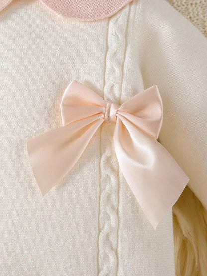 Souflis Souflis Babymeisjestrui, gebreide coltrui, lange mouwen jumpsuit met voetjes, comfortabel voor herfst/winter, handgemaakte strikdecoratie, elegant kabelontwerp, veelzijdig voor dagelijks gebruik, binnen, buiten, reizen, geel/lichtgeel