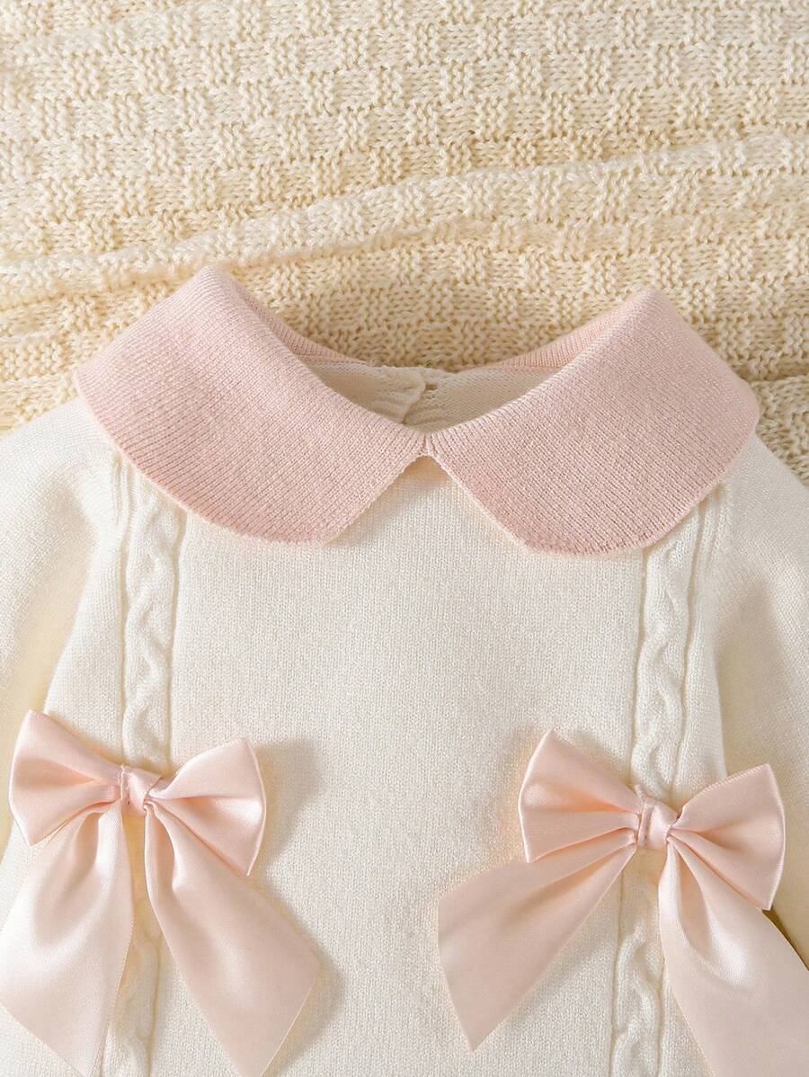 Souflis Souflis Babymeisjestrui, gebreide coltrui, lange mouwen jumpsuit met voetjes, comfortabel voor herfst/winter, handgemaakte strikdecoratie, elegant kabelontwerp, veelzijdig voor dagelijks gebruik, binnen, buiten, reizen, geel/lichtgeel