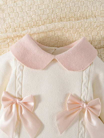 Souflis Souflis Babymeisjestrui, gebreide coltrui, lange mouwen jumpsuit met voetjes, comfortabel voor herfst/winter, handgemaakte strikdecoratie, elegant kabelontwerp, veelzijdig voor dagelijks gebruik, binnen, buiten, reizen, geel/lichtgeel