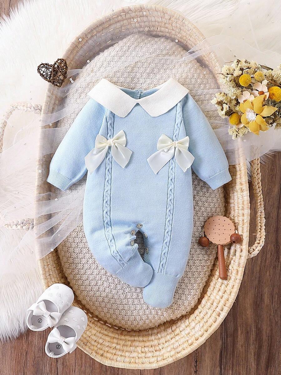 Souflis Souflis Babymeisjestrui, gebreide coltrui, lange mouwen jumpsuit met voetjes, comfortabel voor herfst/winter, handgemaakte strikdecoratie, elegant kabelontwerp, veelzijdig voor dagelijks gebruik, binnen, buiten, reizen, geel/lichtgeel